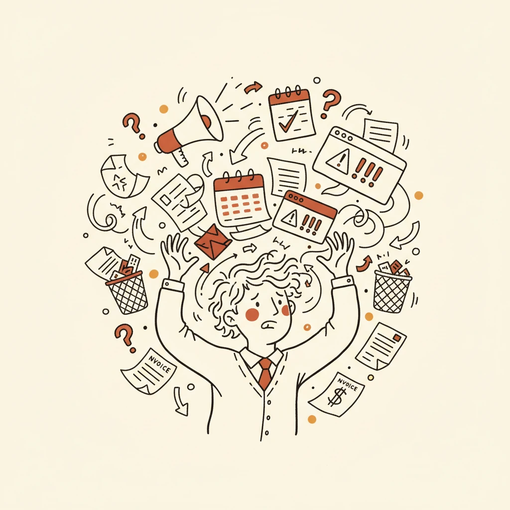 Illustration: a frazzled owner juggling documents, invoices, calendars and error windows