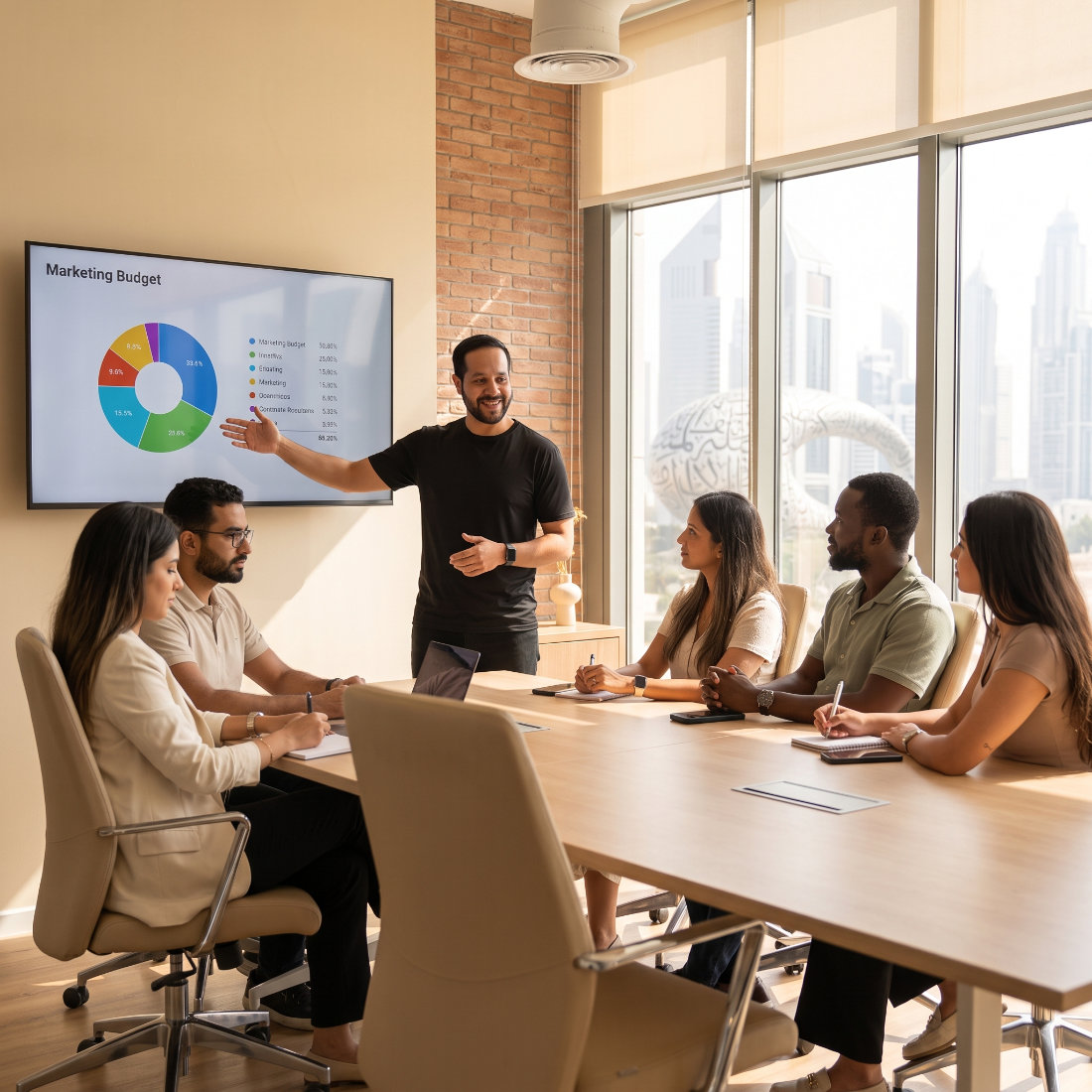 Behlül presenting a marketing budget review to a client team in a Dubai meeting room